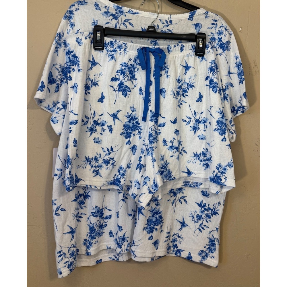 Croft & Barrow Pajama Set Women XXL Blue Floral Hummingbird 2pc Top Shorts NEW